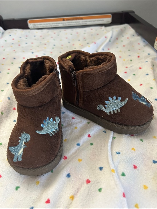 First Steps Other - Brown Dino Embroidered Kids Booties - Cozy Slip-On Boots